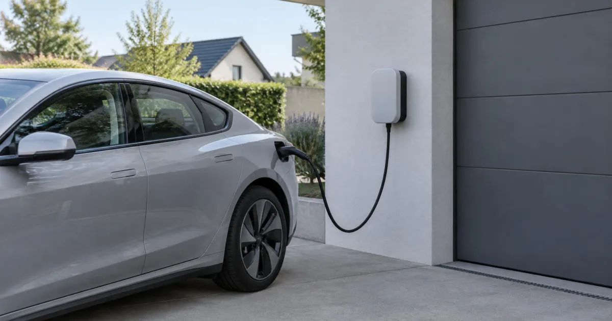 Ungebrandete Wallbox an einer hellen Garagenwand neben einem neutralen Elektroauto, dokumentarischer Stil ohne Logos und ohne lesbare Displays