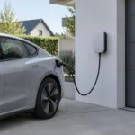 Ungebrandete Wallbox an einer hellen Garagenwand neben einem neutralen Elektroauto, dokumentarischer Stil ohne Logos und ohne lesbare Displays
