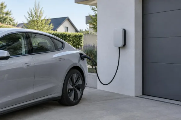 Ungebrandete Wallbox an einer hellen Garagenwand neben einem neutralen Elektroauto, dokumentarischer Stil ohne Logos und ohne lesbare Displays