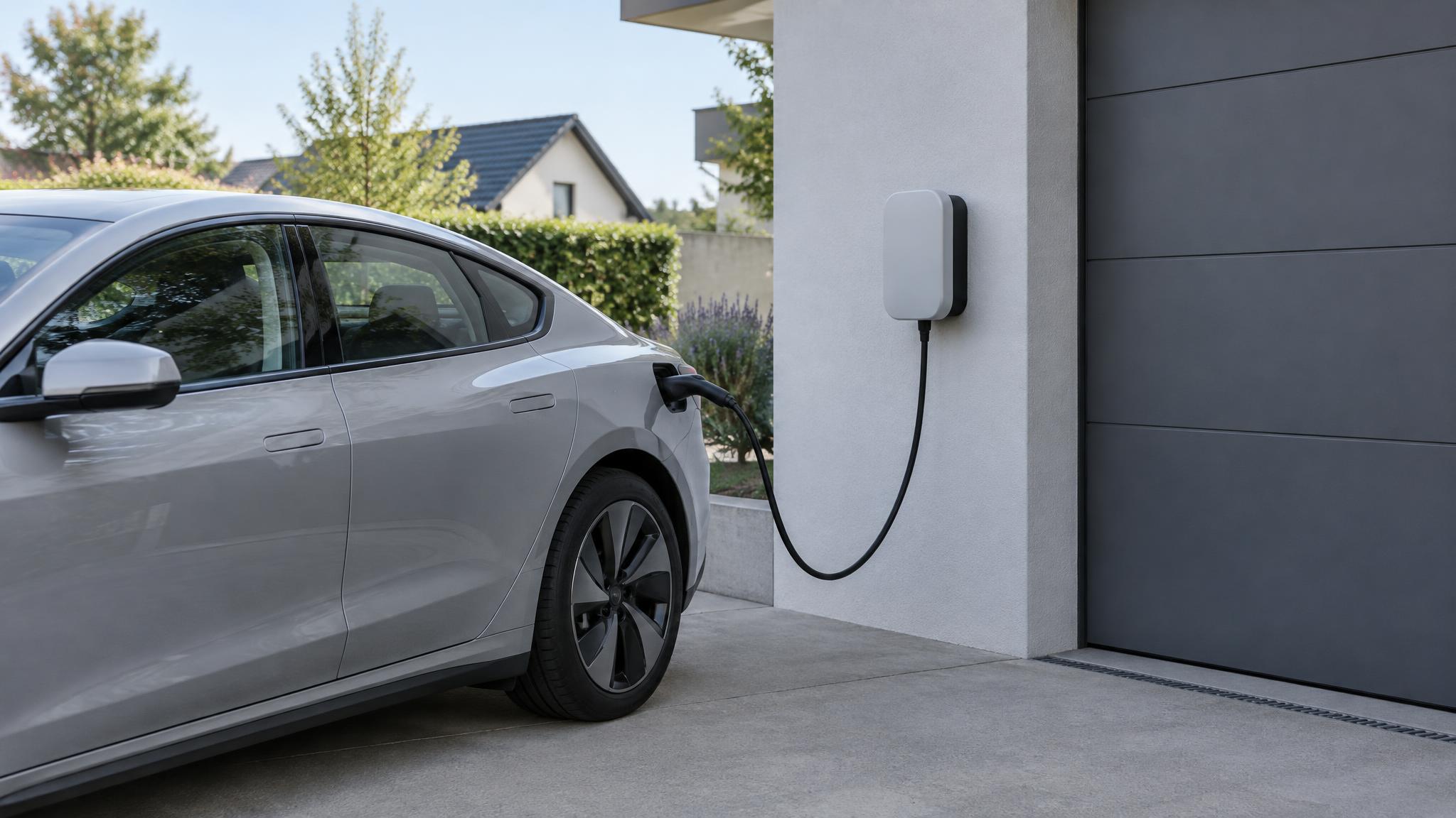 Ungebrandete Wallbox an einer hellen Garagenwand neben einem neutralen Elektroauto, dokumentarischer Stil ohne Logos und ohne lesbare Displays