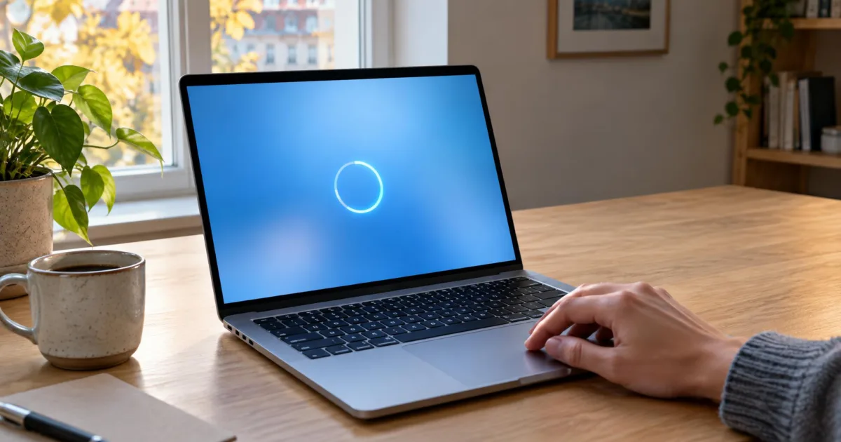 Aufgeklappter Laptop auf einem Holzschreibtisch am Herbstmorgen, auf dem Bildschirm ein blauer Hintergrund mit leuchtendem Fortschrittsring, daneben eine Kaffeetasse und eine Zimmerpflanze