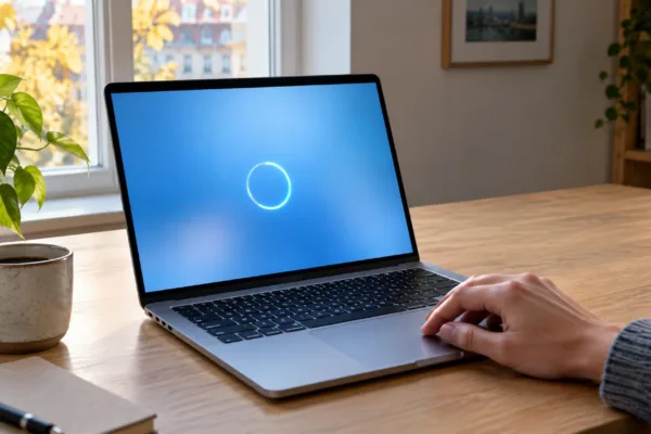 Aufgeklappter Laptop auf einem Holzschreibtisch am Herbstmorgen, auf dem Bildschirm ein blauer Hintergrund mit leuchtendem Fortschrittsring, daneben eine Kaffeetasse und eine Zimmerpflanze