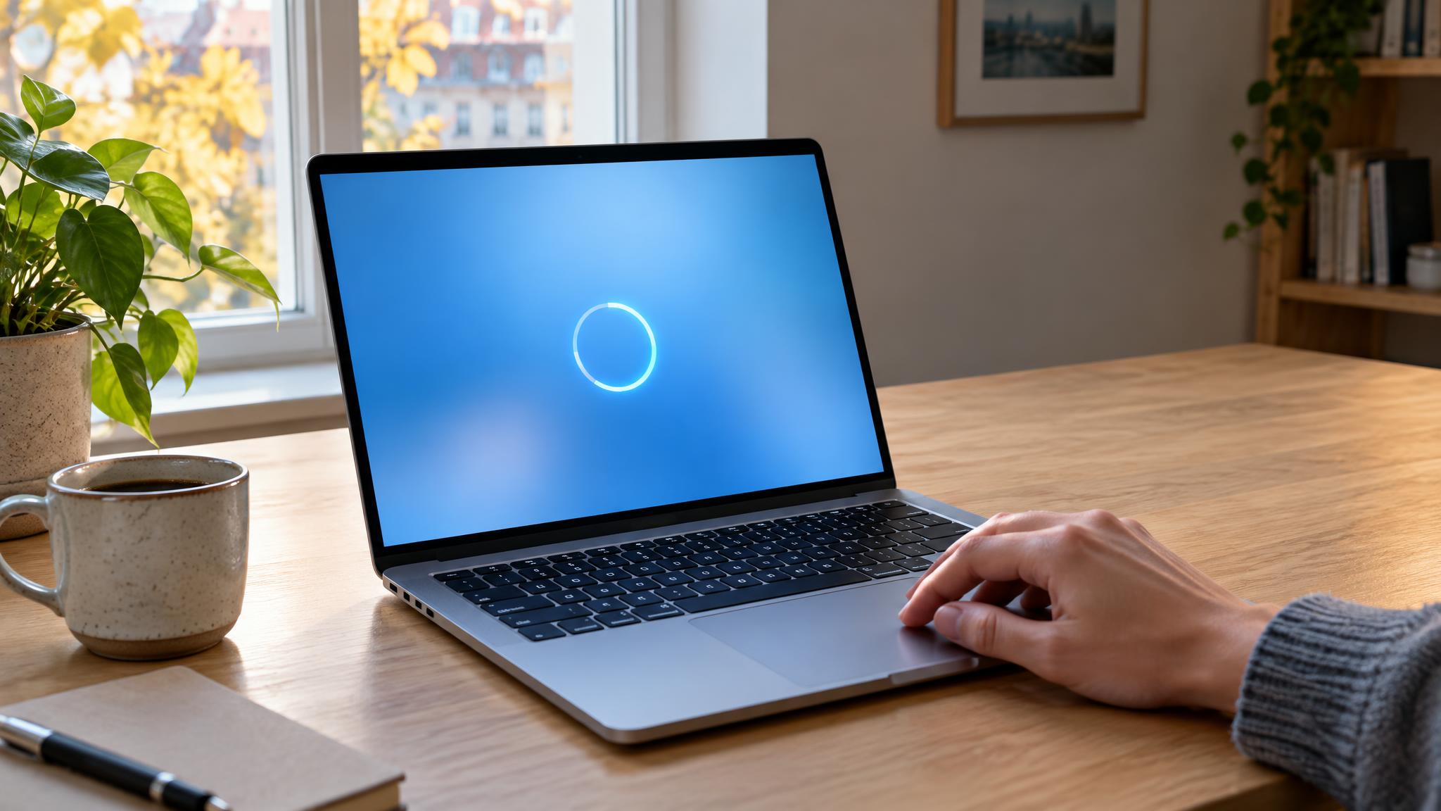 Aufgeklappter Laptop auf einem Holzschreibtisch am Herbstmorgen, auf dem Bildschirm ein blauer Hintergrund mit leuchtendem Fortschrittsring, daneben eine Kaffeetasse und eine Zimmerpflanze