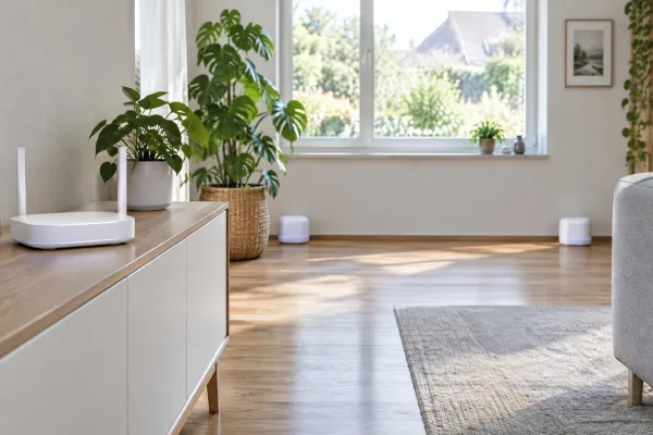 Ungebrandeter WLAN-Router und zwei Mesh-Knoten in einem hellen deutschen Wohnzimmer bei Tageslicht