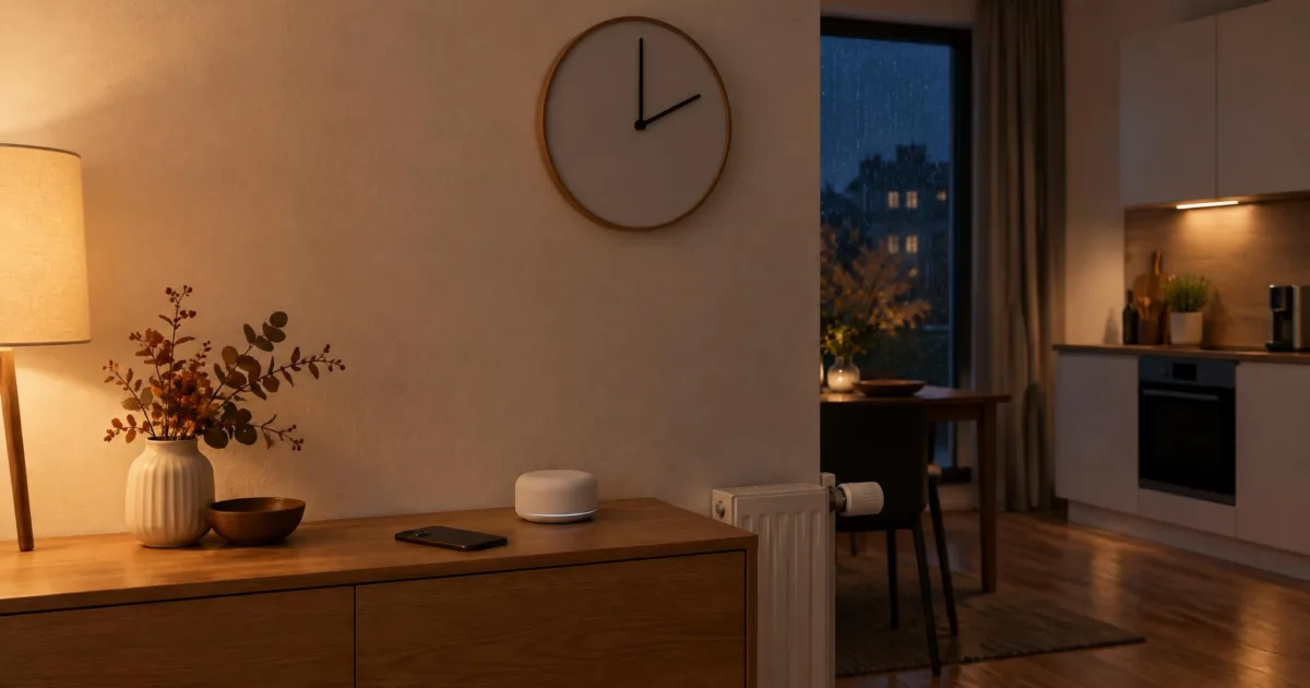Wanduhr ohne Ziffern zeigt nachts auf zwei Uhr, darunter ein Sideboard mit Smartphone und Smart-Home-Zentrale, daneben ein Heizkörperthermostat und im Hintergrund eine Küche mit Backofen