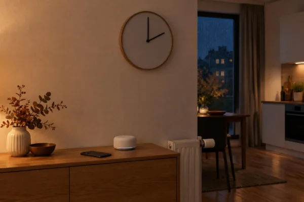 Wanduhr ohne Ziffern zeigt nachts auf zwei Uhr, darunter ein Sideboard mit Smartphone und Smart-Home-Zentrale, daneben ein Heizkörperthermostat und im Hintergrund eine Küche mit Backofen