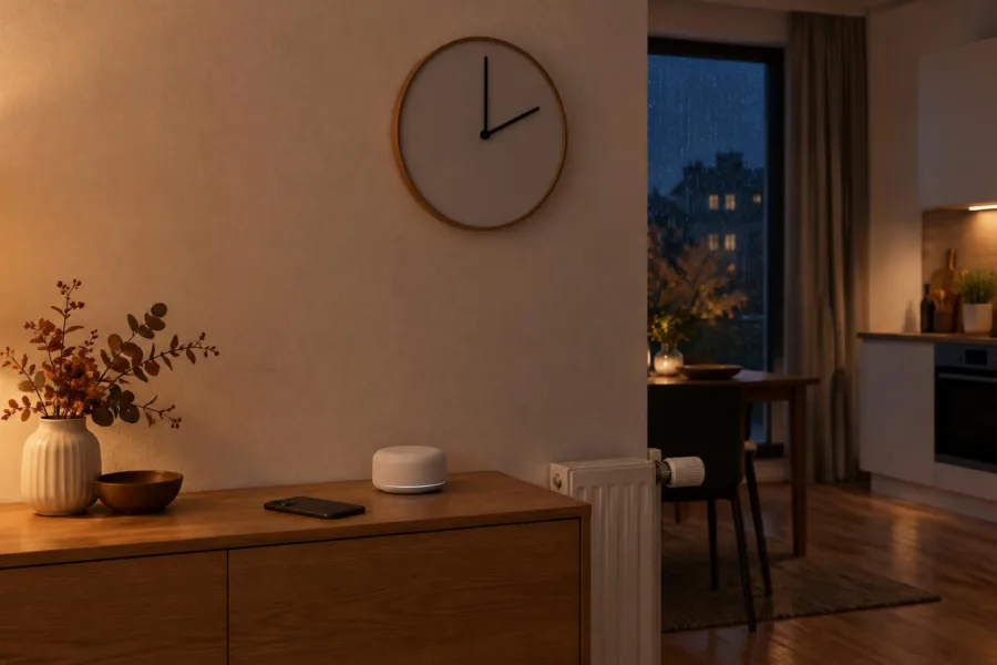 Wanduhr ohne Ziffern zeigt nachts auf zwei Uhr, darunter ein Sideboard mit Smartphone und Smart-Home-Zentrale, daneben ein Heizkörperthermostat und im Hintergrund eine Küche mit Backofen