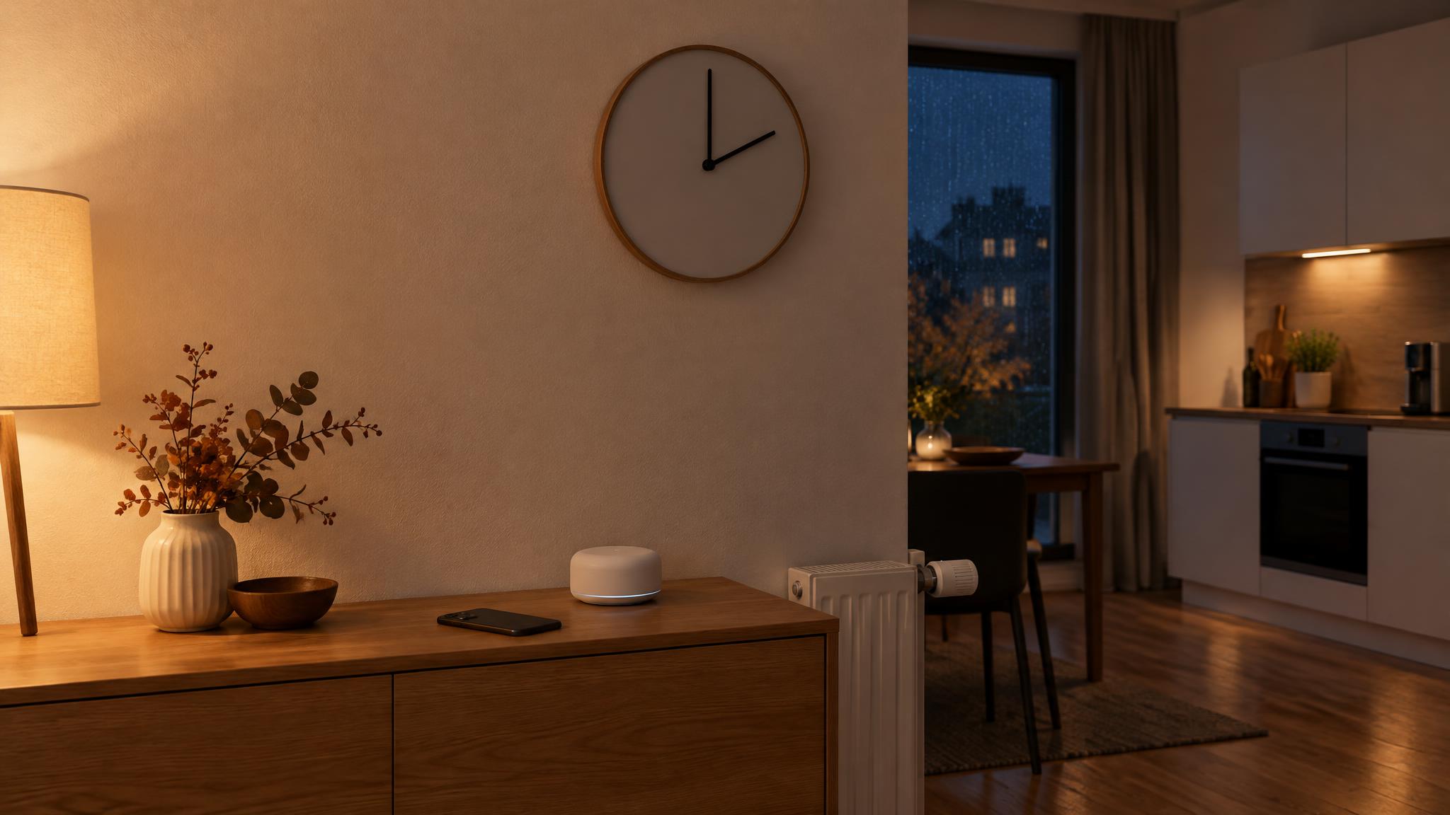 Wanduhr ohne Ziffern zeigt nachts auf zwei Uhr, darunter ein Sideboard mit Smartphone und Smart-Home-Zentrale, daneben ein Heizkörperthermostat und im Hintergrund eine Küche mit Backofen