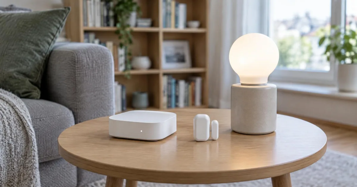 Ungebrandeter Smart-Home-Tisch mit neutralem Hub, Sensor und Lampe in einem hellen Wohnzimmer, dokumentarischer Stil ohne lesbare Displays