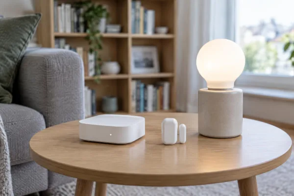 Ungebrandeter Smart-Home-Tisch mit neutralem Hub, Sensor und Lampe in einem hellen Wohnzimmer, dokumentarischer Stil ohne lesbare Displays