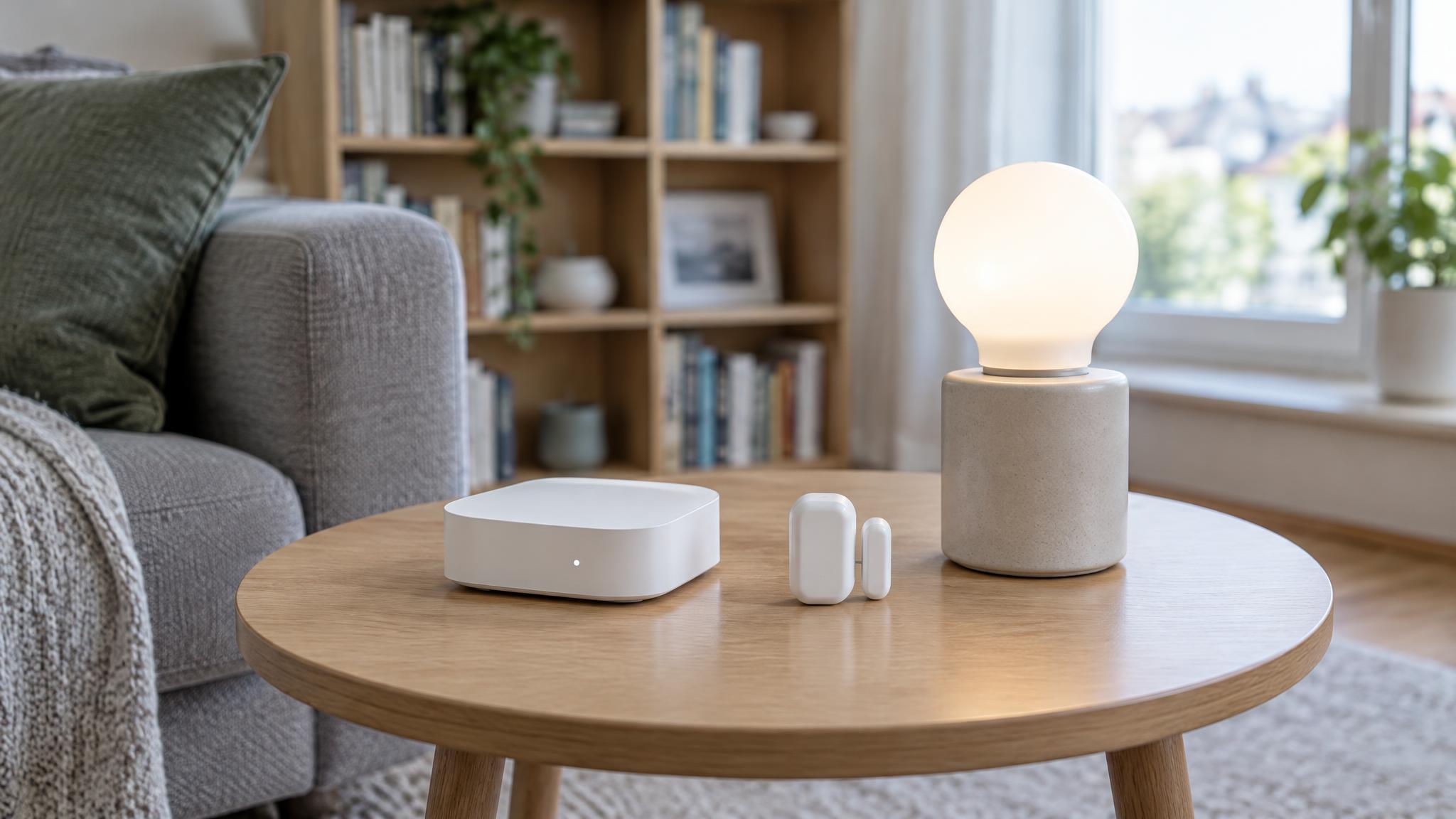 Ungebrandeter Smart-Home-Tisch mit neutralem Hub, Sensor und Lampe in einem hellen Wohnzimmer, dokumentarischer Stil ohne lesbare Displays